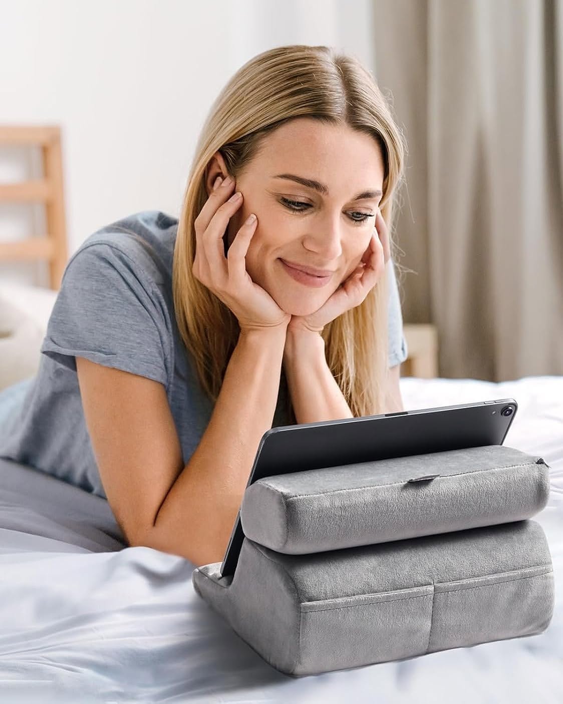 Tablet Pillow Stand Soft Holder with 3 Viewing Angles Adjustable Pillow Holder Backrest Washable, Cellphone