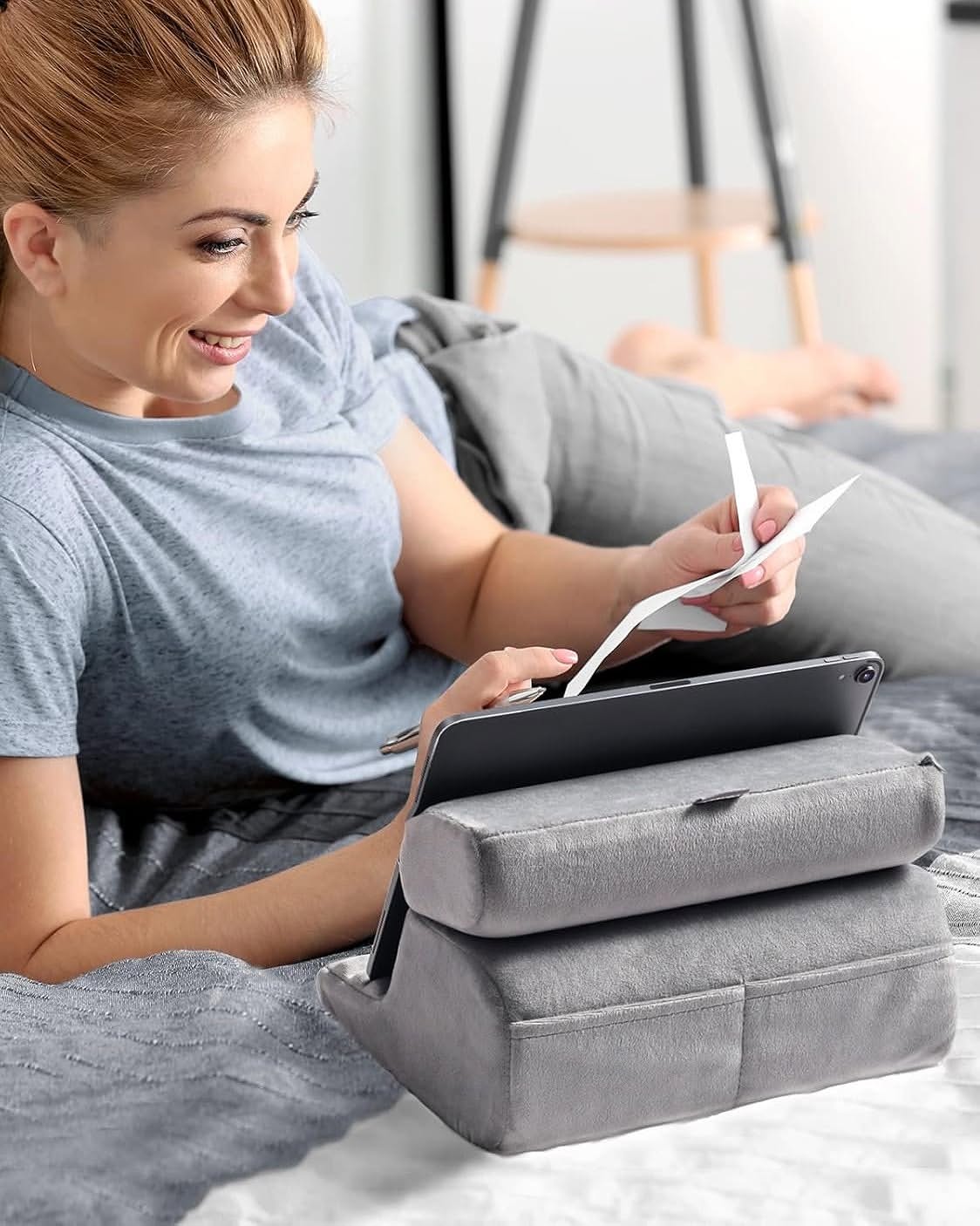 Tablet Pillow Stand Soft Holder with 3 Viewing Angles Adjustable Pillow Holder Backrest Washable, Cellphone